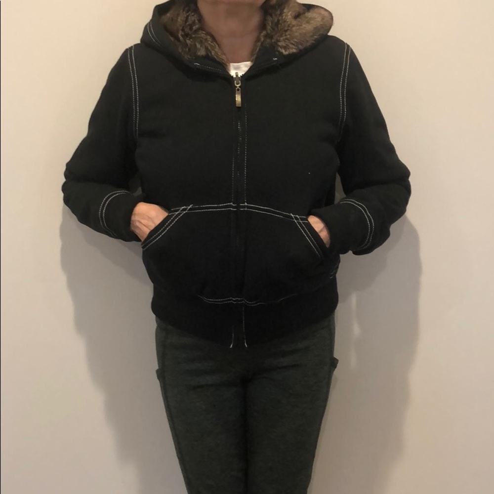 Reversible faux hooded coat.